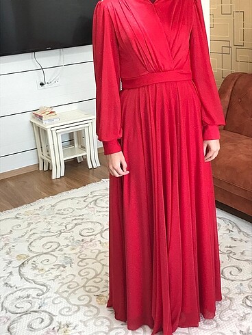 Simli kırmızı tesettür abiye