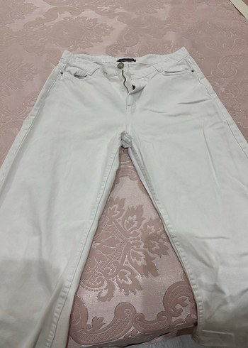 Düğmeli Beyaz Pamuklu Rahat Kesim Kadın Pantolon - Görsel 2