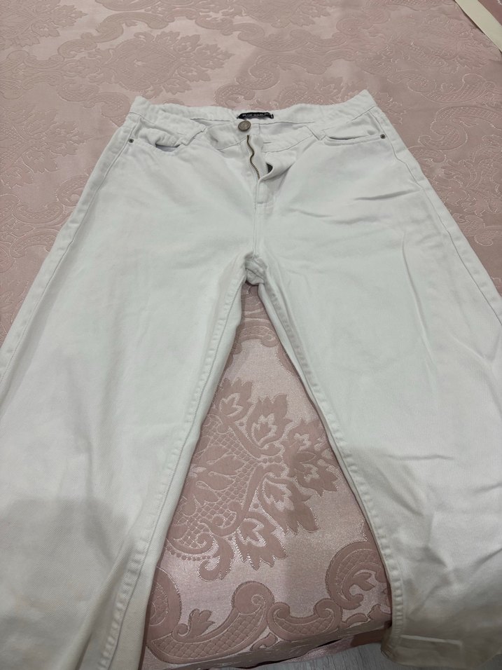 Düğmeli Beyaz Pamuklu Rahat Kesim Kadın Pantolon - Görsel 2