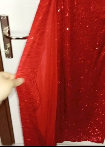 Kırmızı Drapeli Uzun Abiye Elbise - Görsel 7