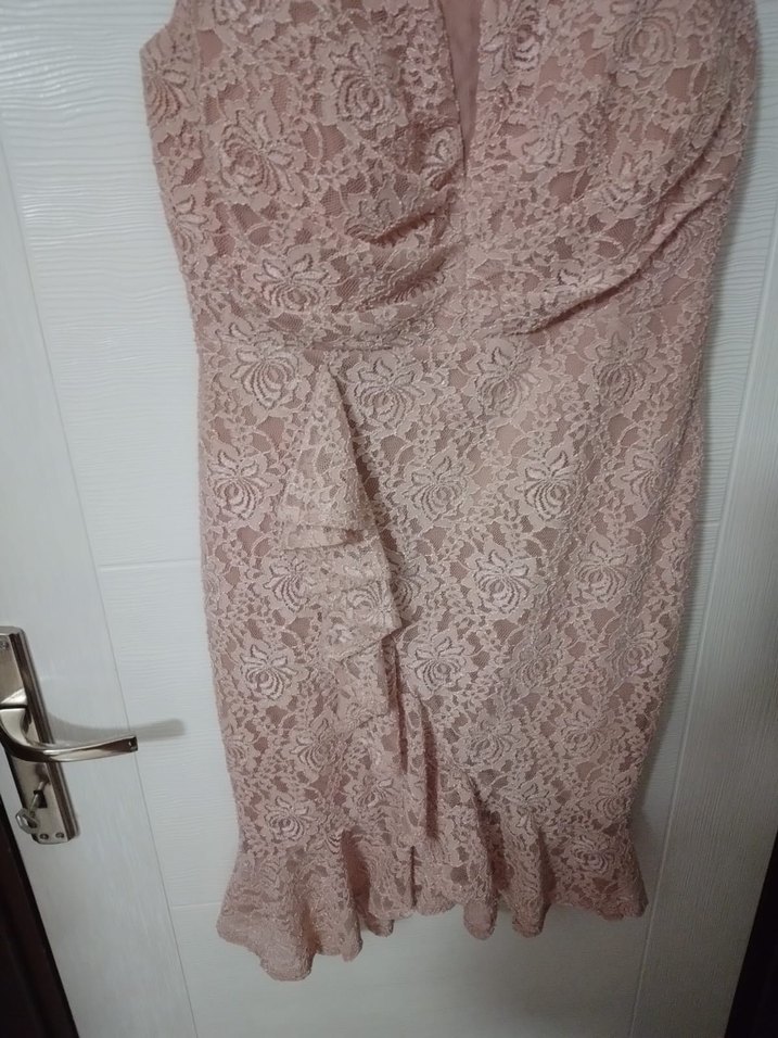 Dantel Detaylı Pudra Pembe Abiye Elbise - Görsel 5