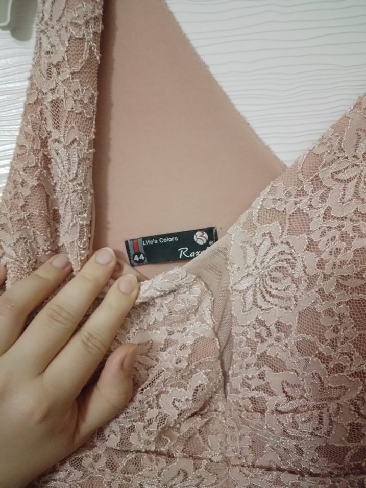 Dantel Detaylı Pudra Pembe Abiye Elbise - Görsel 4