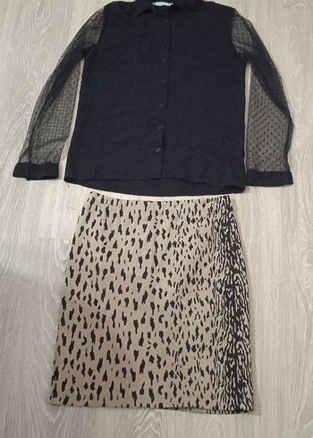 leopar desenli etek gömlek takım - Görsel 2