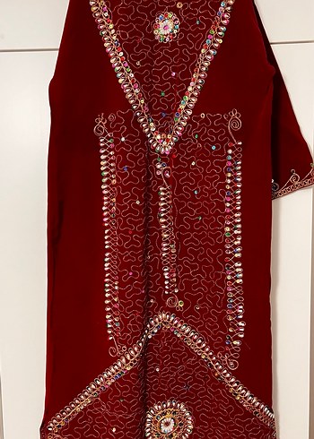 Bordo Boncuk İşlemeli Bohem Uzun Elbise hint kaftan büyük beden - Görsel 5