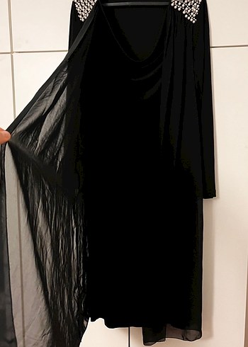 Uzun Siyah Drapeli  Kadın Elbise büyük beden pelerinli - Görsel 4