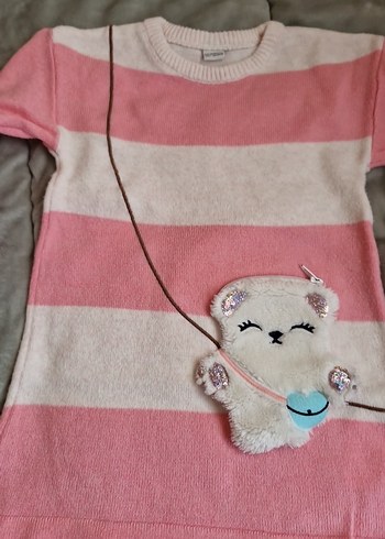 Pembe Beyaz Çizgili Peluş Oyuncaklı Elbise - Görsel 2