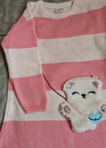 Pembe Beyaz Çizgili Peluş Oyuncaklı Elbise - Görsel 3