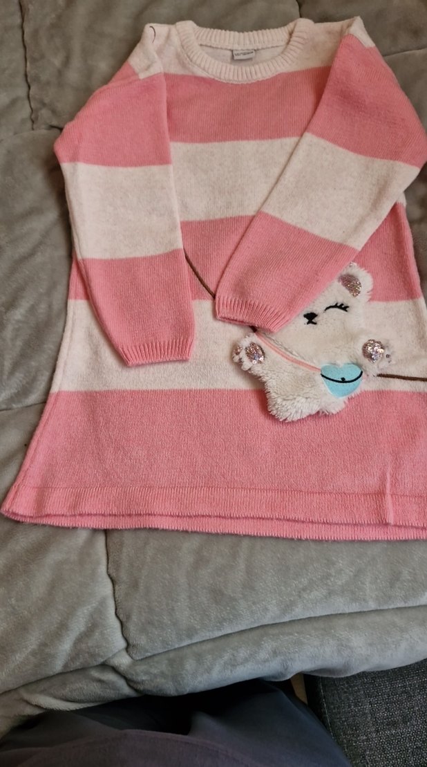 Pembe Beyaz Çizgili Peluş Oyuncaklı Elbise - Görsel 5