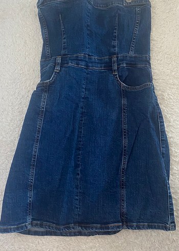 Kemerli Lacivert Straplez Midi Denim Elbise