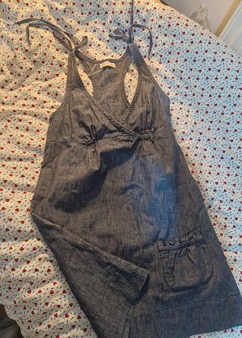 XDYE Gri Denim Midi Bohem Elbise