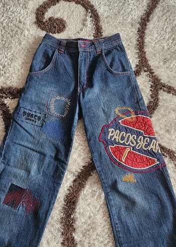 American Vintage Kadin Koyu Mavi Baskili Rahat Kot Pantolon Y2k Skate