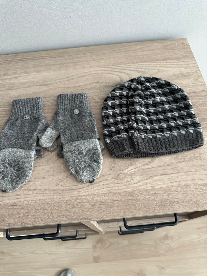 Gri Örgü çocuk Eldivenle şapka - Görsel 2
