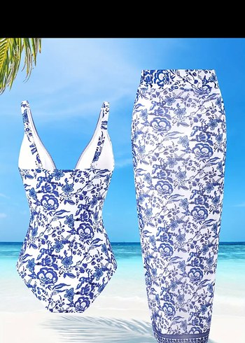 Mavi Drape Detaylı Bohem Mayo ve Pareo 2 li takım - Görsel 2