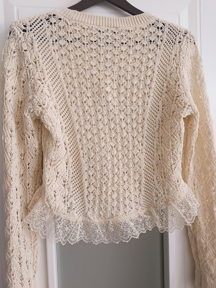 Dantel Detaylı Bej Bohem Triko Kazak - Görsel 5