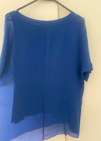 Mavi Saten Kadın Bluz, Kısa Kollu, Salaş - Görsel 3