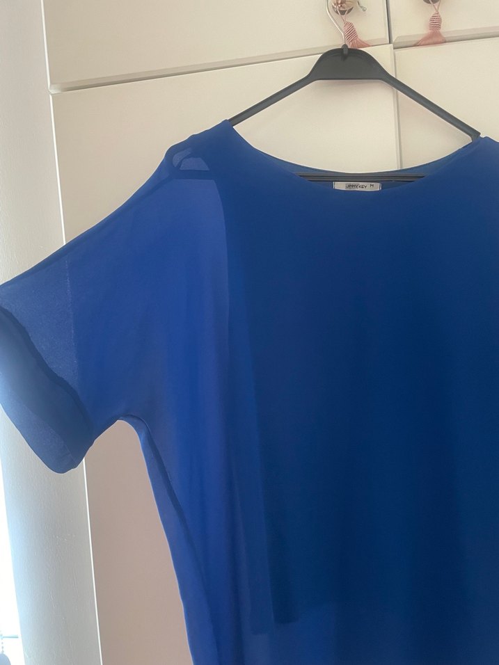 Mavi Saten Kadın Bluz, Kısa Kollu, Salaş - Görsel 2