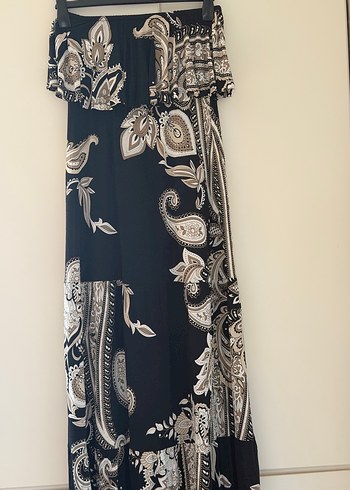 Siyah Desenli Uzun Bohem Straplez Elbise - Görsel 3