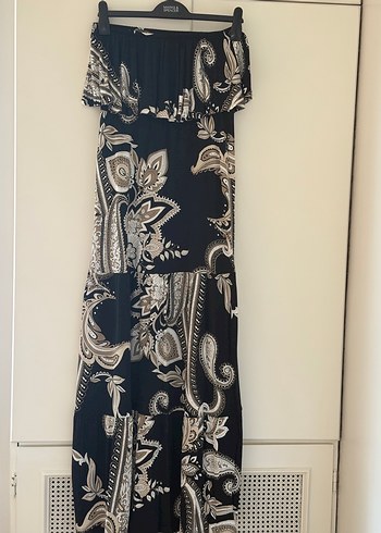 Siyah Desenli Uzun Bohem Straplez Elbise - Görsel 2