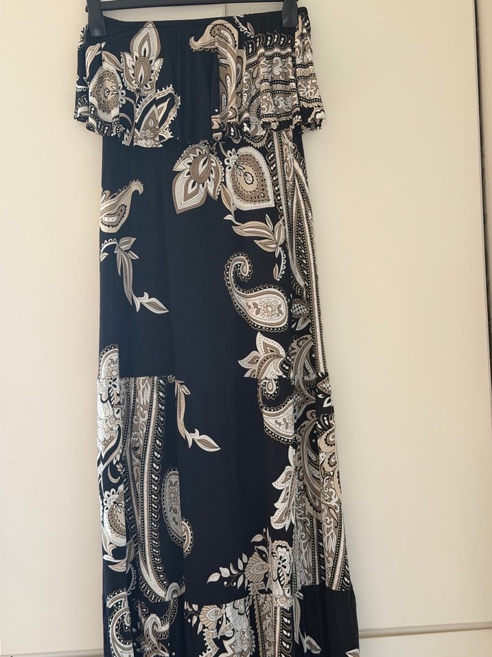 Siyah Desenli Uzun Bohem Straplez Elbise - Görsel 3