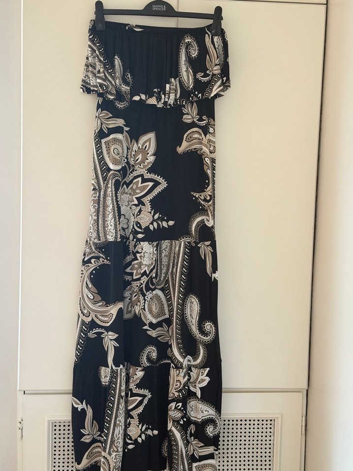 Siyah Desenli Uzun Bohem Straplez Elbise - Görsel 2