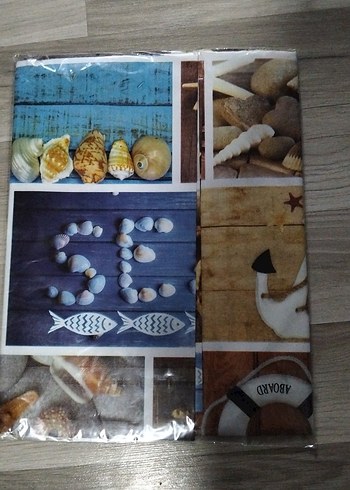  Beden Mavi Boncuk Baskılı Kahverengi Masa Örtüsü 100x140cm