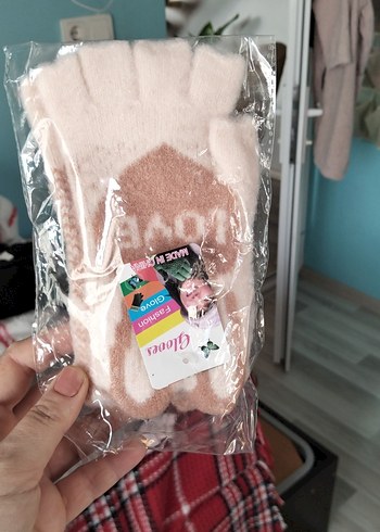 Pembe Baskılı Örgü Kız Eldiveni - Görsel 2