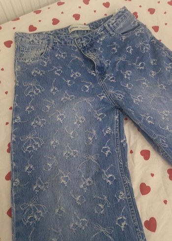 Mavi Dantelli Bağlama Desenli Rahat Kesim Kadın Kot Pantolon - Görsel 2