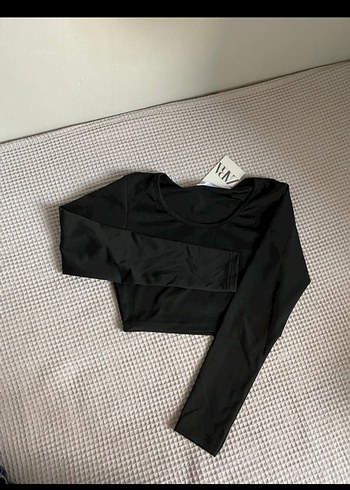 Siyah Kadın Crop Top, Uzun Kollu, Sade