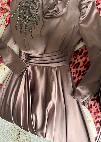 Drapeli Uzun Kollu Kahverengi Abiye Elbise - Görsel 3