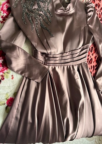 Drapeli Uzun Kollu Kahverengi Abiye Elbise - Görsel 5