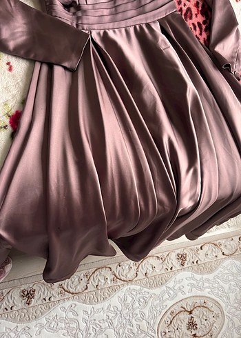 Drapeli Uzun Kollu Kahverengi Abiye Elbise - Görsel 6