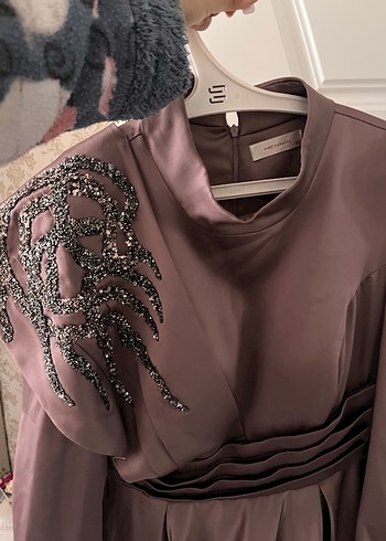 Drapeli Uzun Kollu Kahverengi Abiye Elbise - Görsel 2