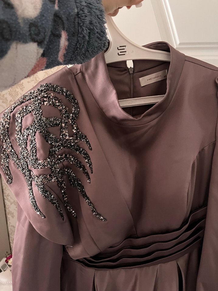 Drapeli Uzun Kollu Kahverengi Abiye Elbise - Görsel 2