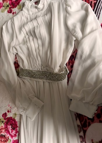 Beyaz Uzun Bohem şifon Elbise - Görsel 4