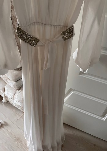 Beyaz Uzun Bohem şifon Elbise - Görsel 5