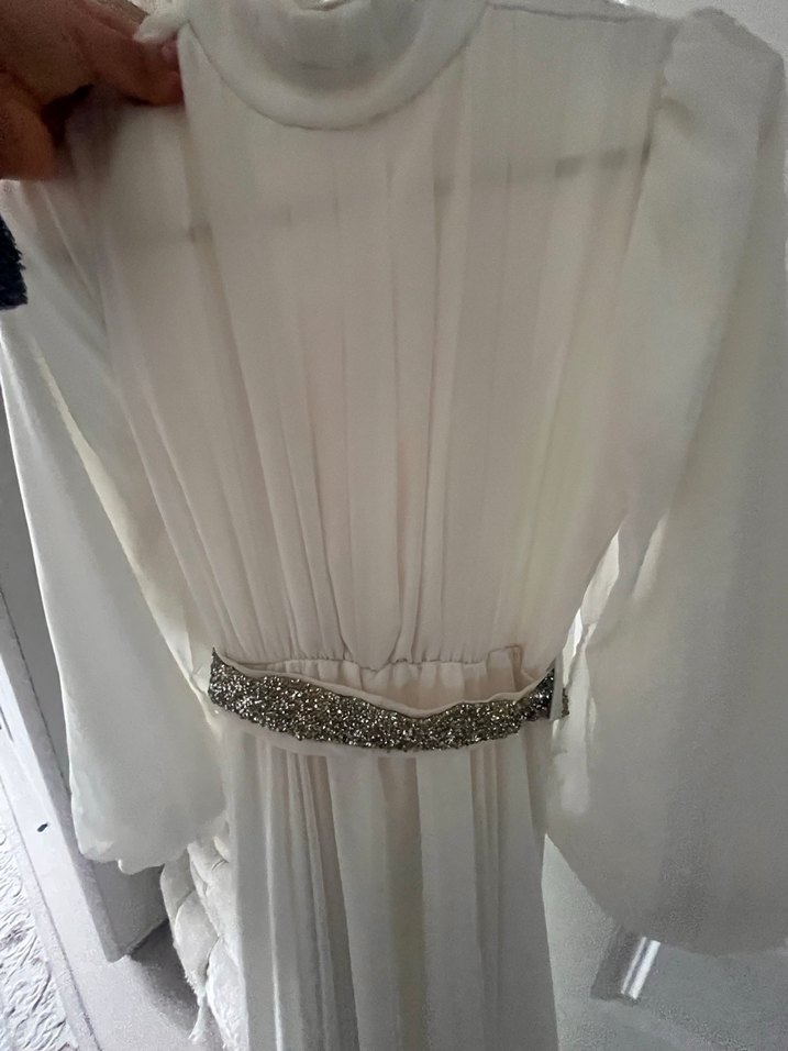 Beyaz Uzun Bohem şifon Elbise - Görsel 3