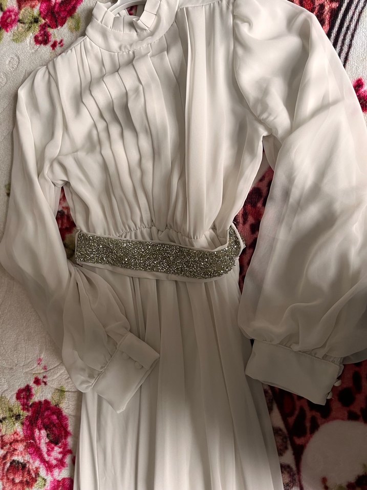 Beyaz Uzun Bohem şifon Elbise - Görsel 4