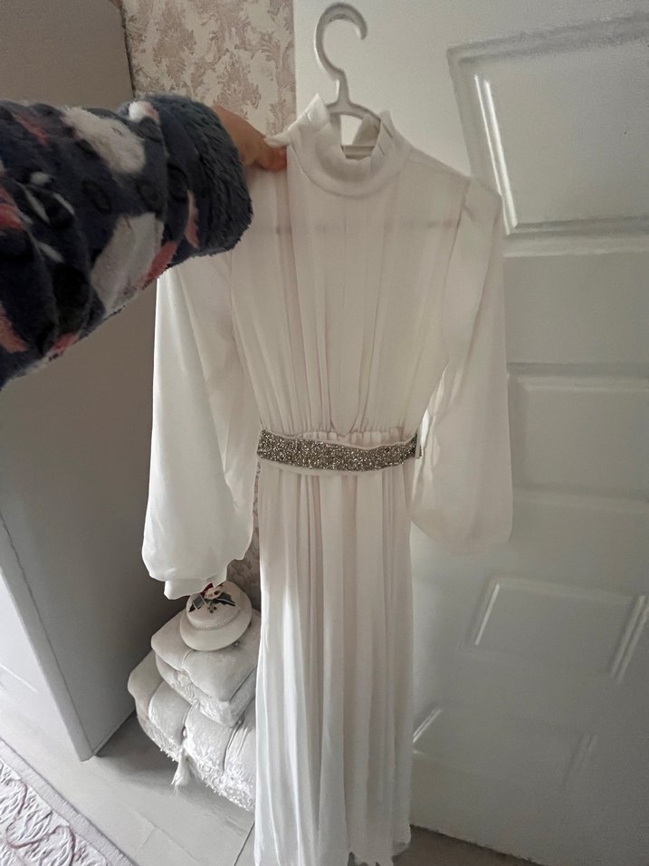 Beyaz Uzun Bohem şifon Elbise - Görsel 2