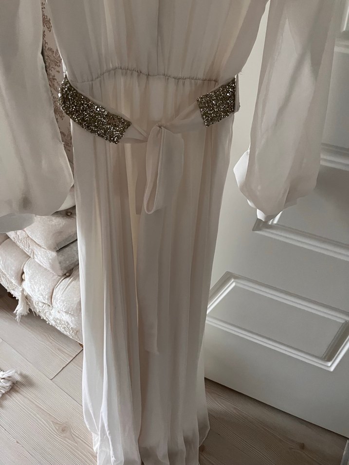 Beyaz Uzun Bohem şifon Elbise - Görsel 5