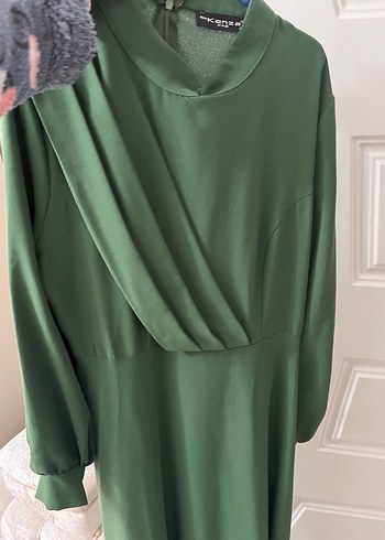 Uzun Kollu Haki Yeşil Salaş Elbise - Görsel 2