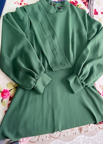 Uzun Kollu Haki Yeşil Salaş Elbise - Görsel 3