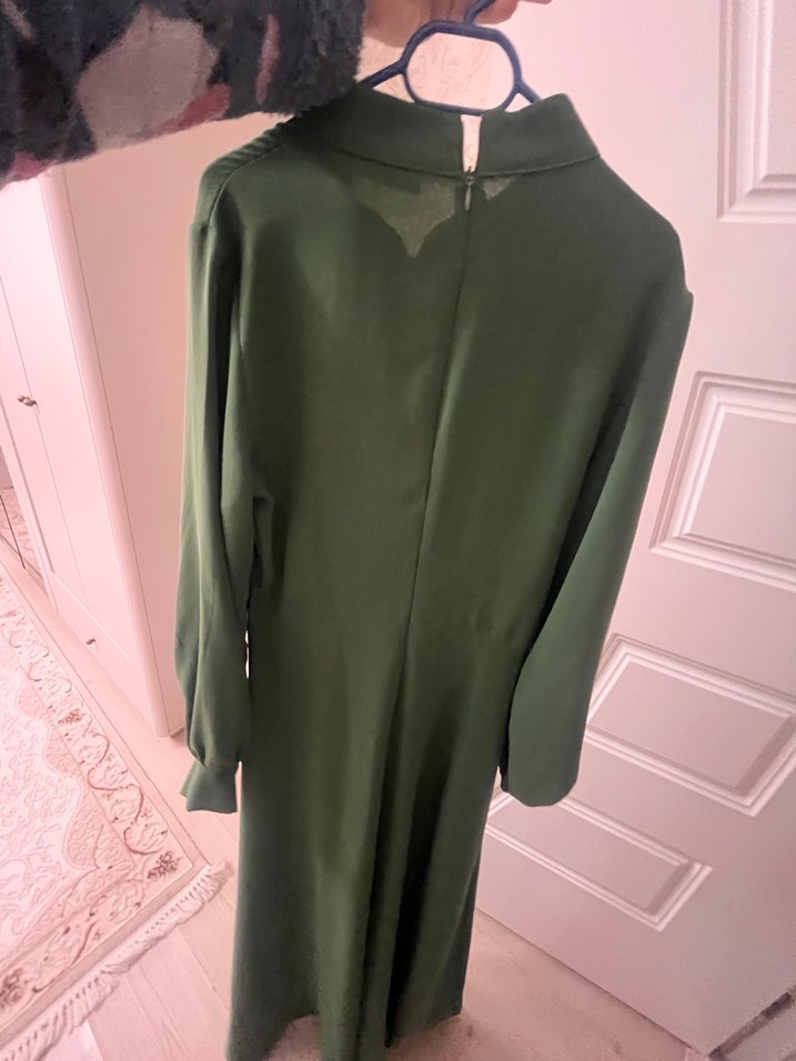 Uzun Kollu Haki Yeşil Salaş Elbise - Görsel 4