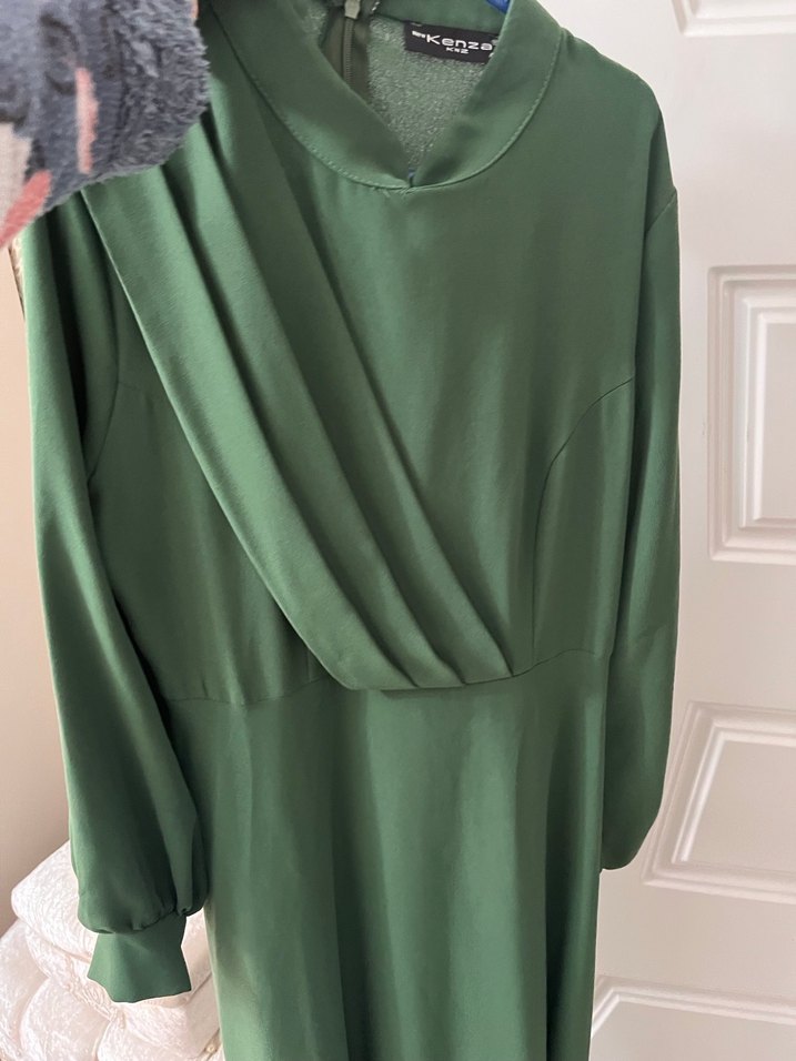 Uzun Kollu Haki Yeşil Salaş Elbise - Görsel 2