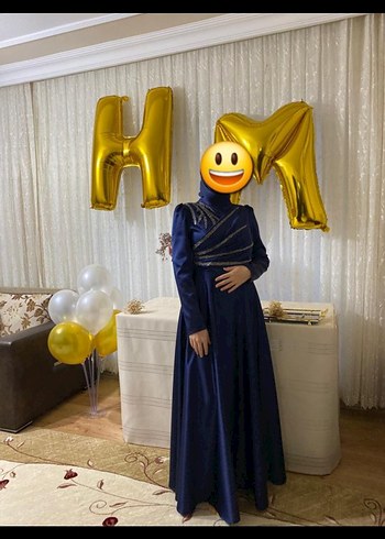 Uzun Kollu Lacivert Drapeli Abiye Elbise - Görsel 3