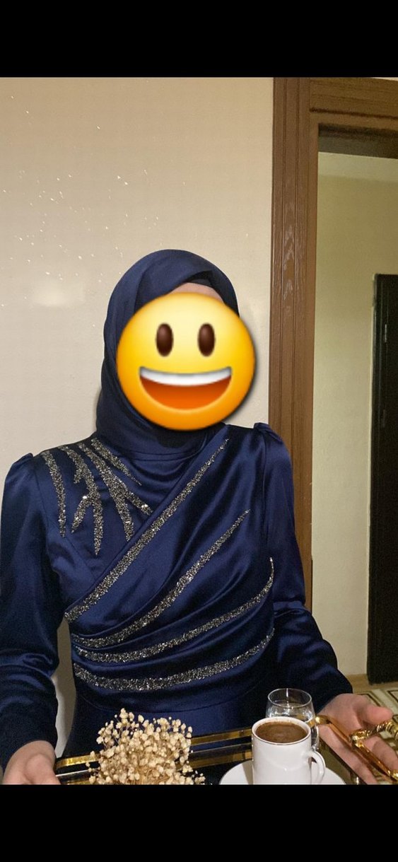 Uzun Kollu Lacivert Drapeli Abiye Elbise - Görsel 2