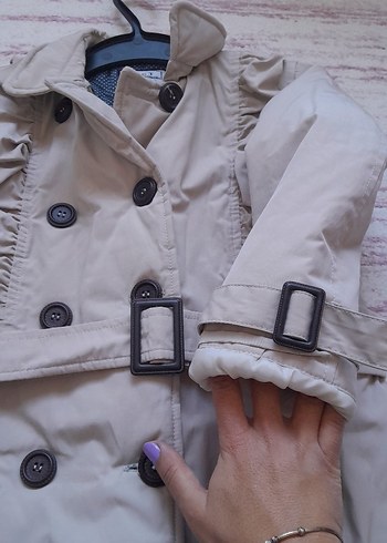 Bej Düğmeli Kemerli Kız Çocuk Kaban - Görsel 3