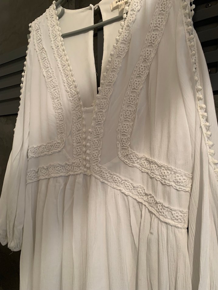 Uzun Beyaz Pamuklu Bohem Dantel Detaylı Elbise - Görsel 4