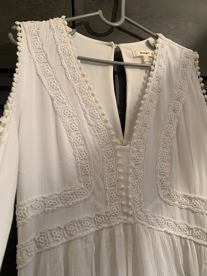 Uzun Beyaz Pamuklu Bohem Dantel Detaylı Elbise - Görsel 2