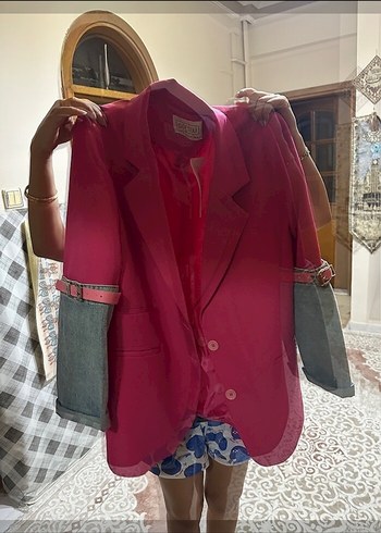 m Beden Pembe Düğmeli Kadın Midi Blazer