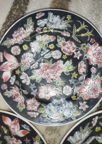 antika vintage Çin elboyama 3 adet Tabak Seti - Görsel 3